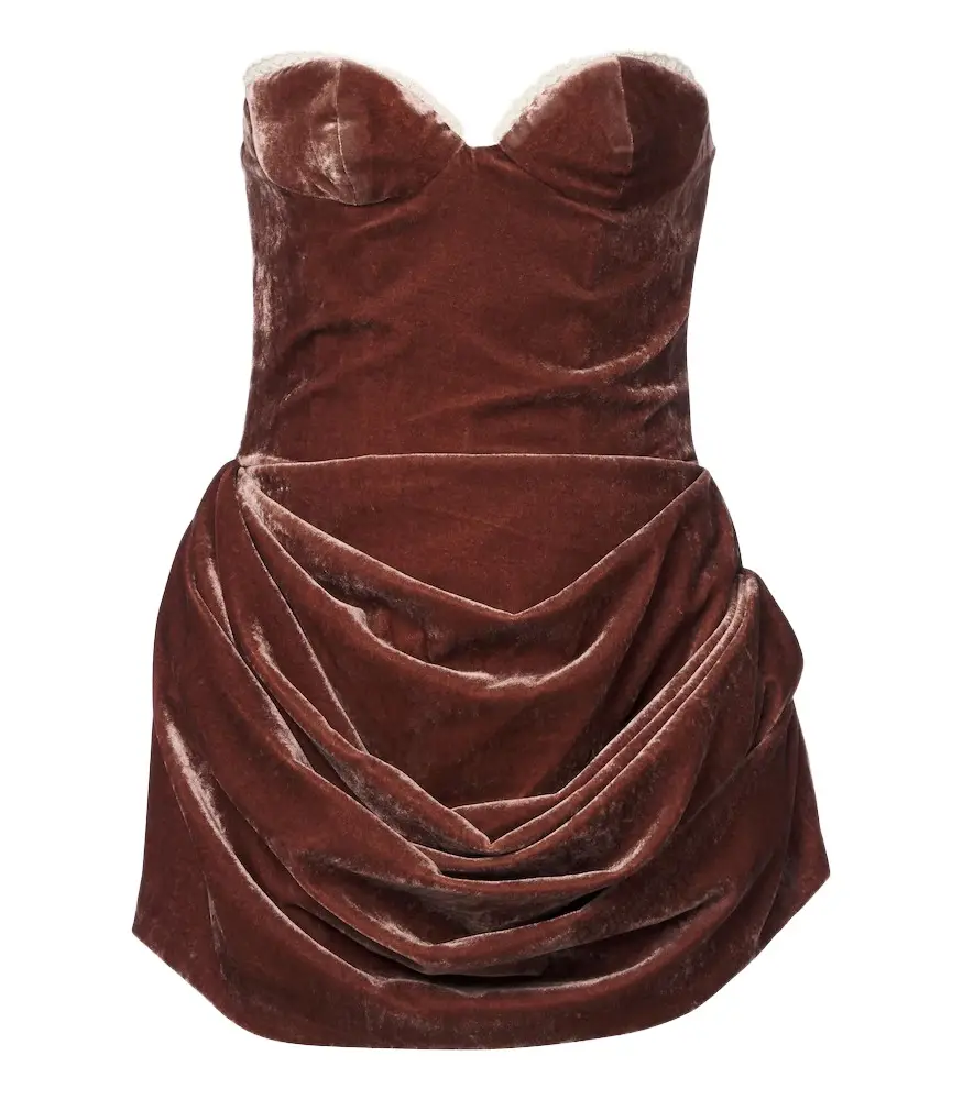 Crochet-trimmed ruched velvet minidress Crochet-trimmed ruched velvet minidress
