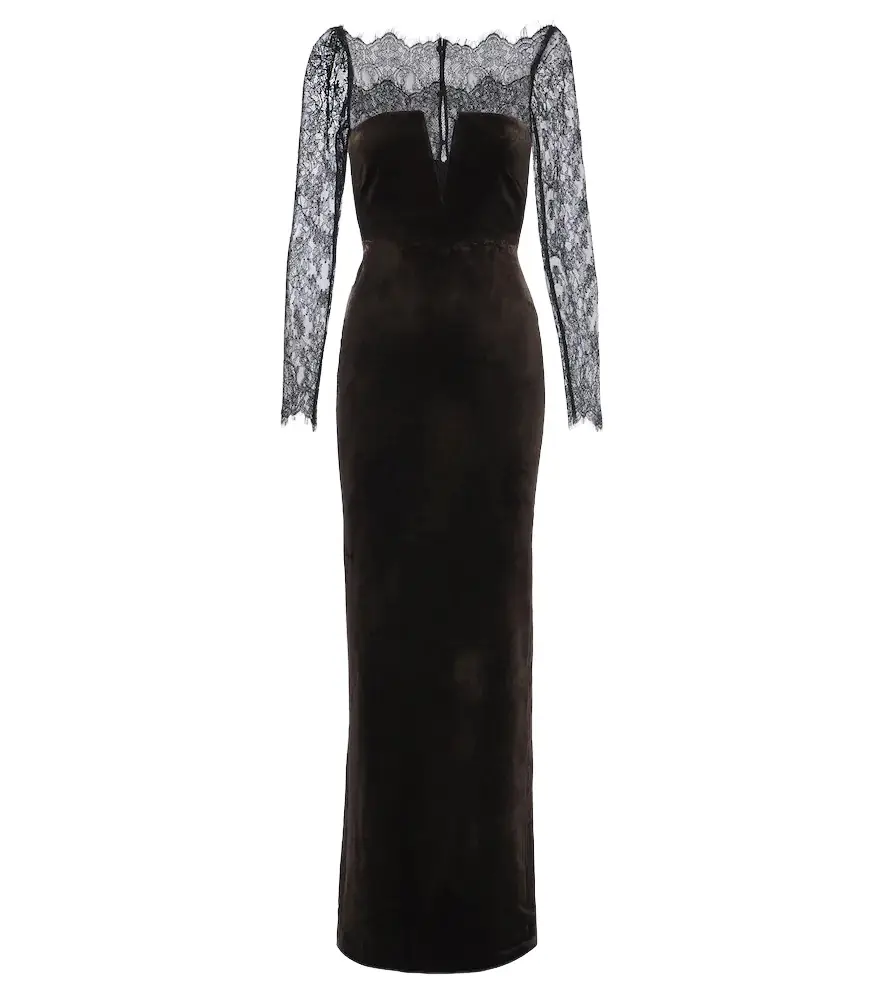 Lace-trimmed velvet gown
