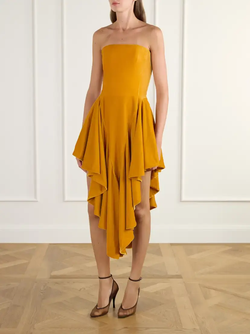 Alaïa Strapless Asymmetric Ruffled Velvet Midi Dress | Thumbnail 2
