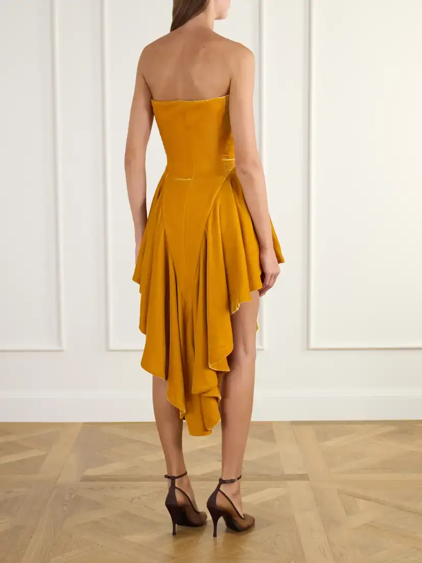 Alaïa Strapless Asymmetric Ruffled Velvet Midi Dress | Thumbnail 3
