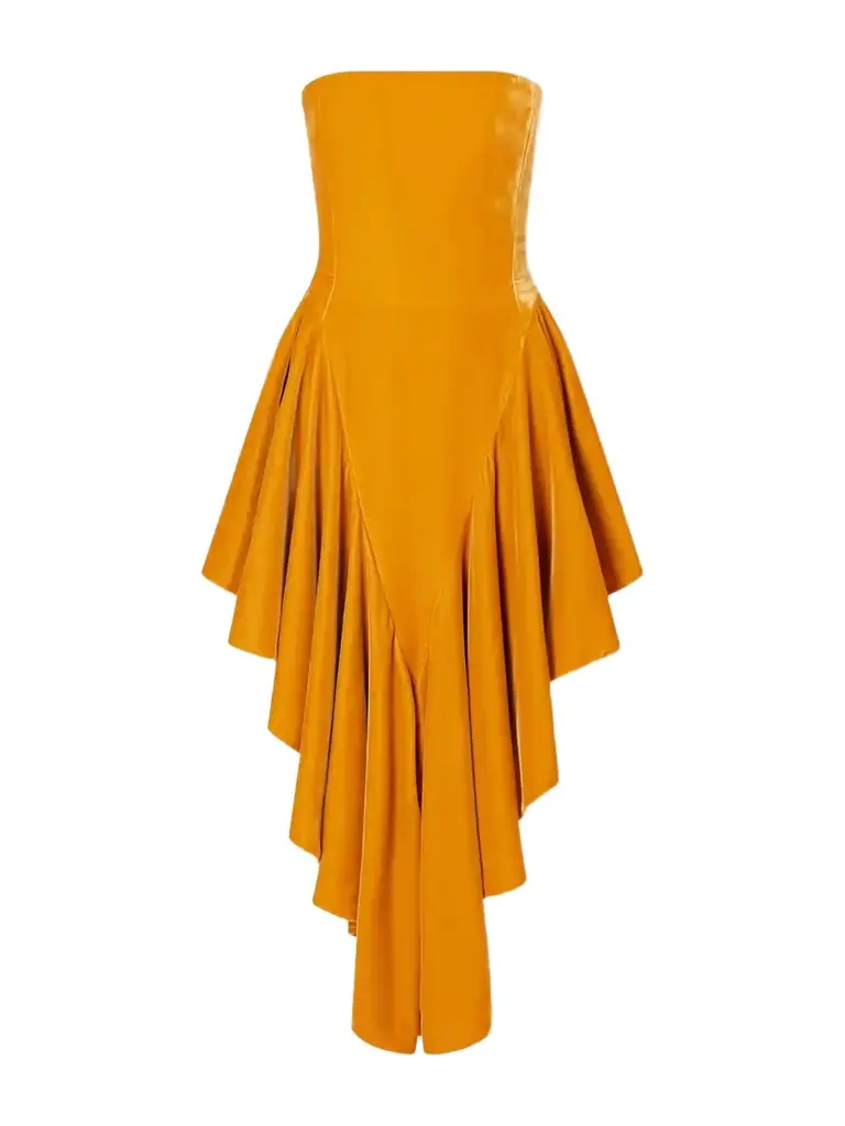 Alaïa Strapless Asymmetric Ruffled Velvet Midi Dress