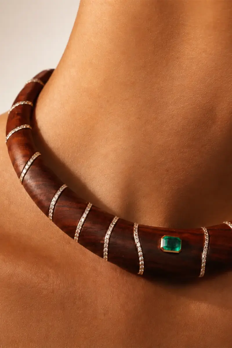 ANDREA MATOS LOPES Diamond Emerald Brown Wood Necklace | Thumbnail 2 ANDREA MATOS LOPES Diamond Emerald Brown Wood Necklace | Thumbnail 2