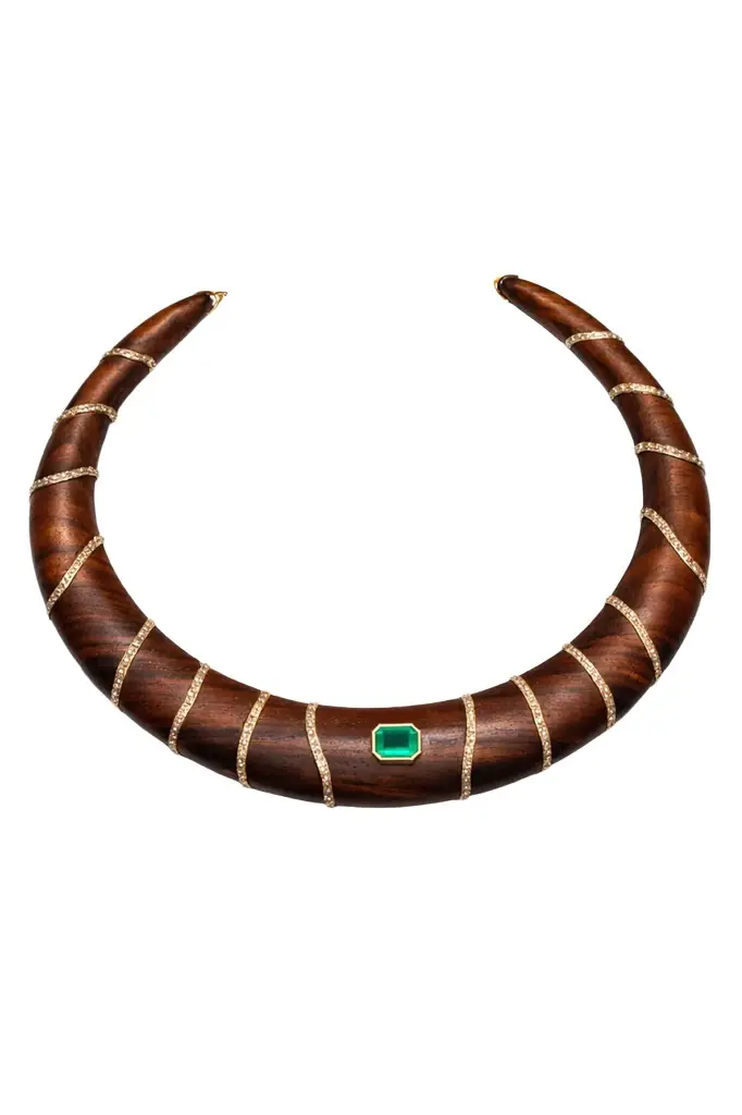 ANDREA MATOS LOPES Diamond Emerald Brown Wood Necklace