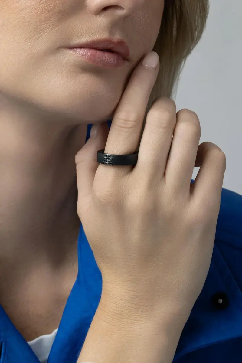 ROBERTO DEMEGLIO One Diamond Pave Matte Black Scacco Stretch Ring | Thumbnail 3 ROBERTO DEMEGLIO One Diamond Pave Matte Black Scacco Stretch Ring | Thumbnail 3