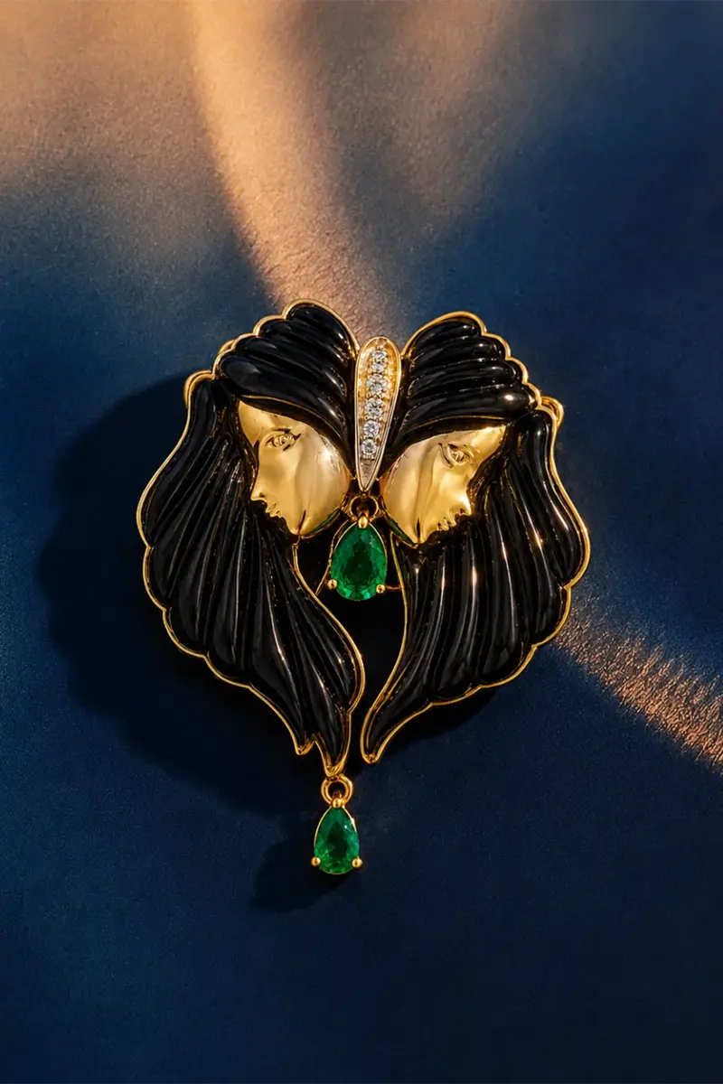 ANDREA MATOS LOPES Onyx Emerald Diamond Twin Brooch | Thumbnail 2 ANDREA MATOS LOPES Onyx Emerald Diamond Twin Brooch | Thumbnail 2
