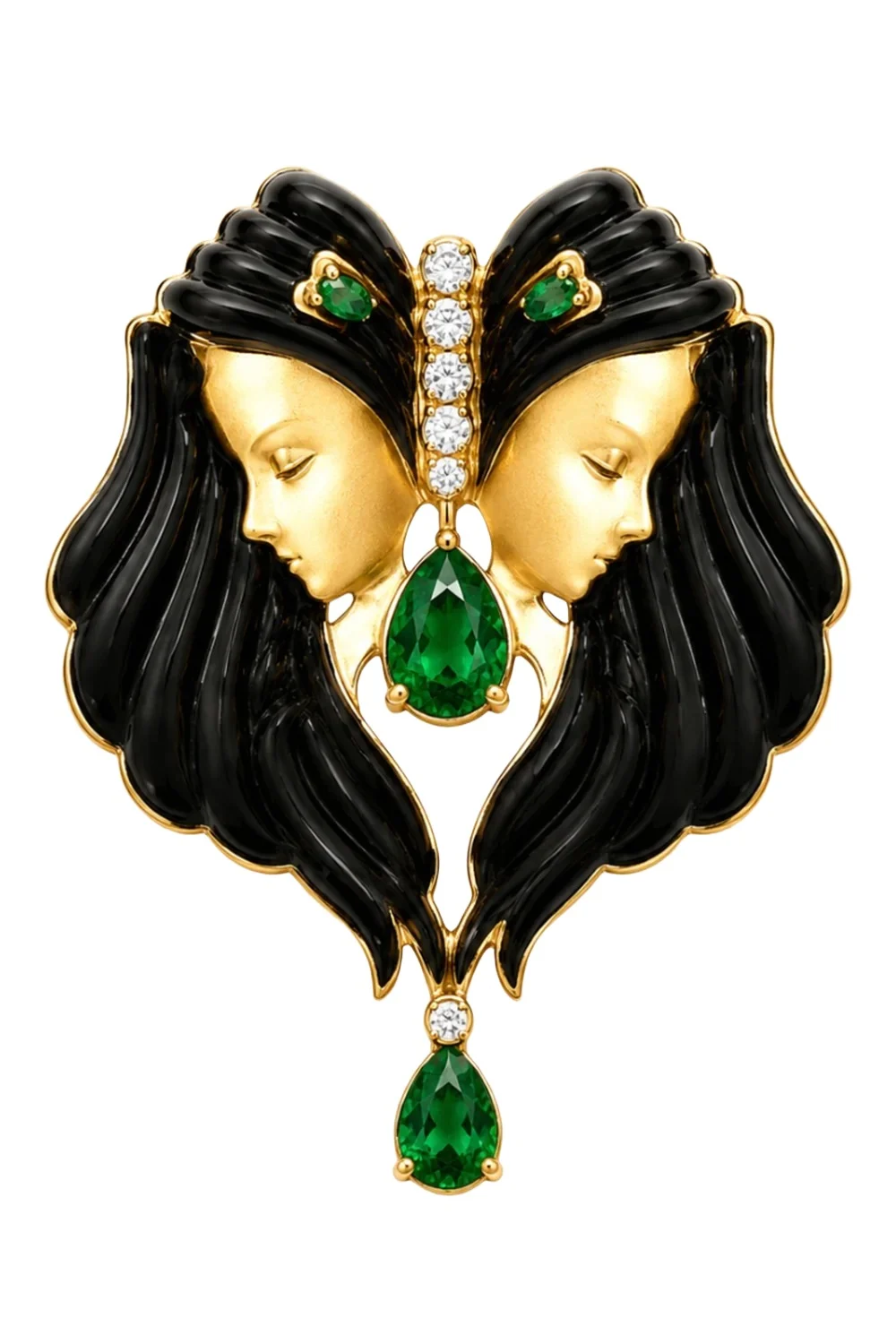 ANDREA MATOS LOPES Onyx Emerald Diamond Twin Brooch