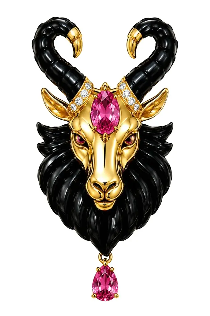 Tourmaline Diamond Onyx Ram Brooch Tourmaline Diamond Onyx Ram Brooch