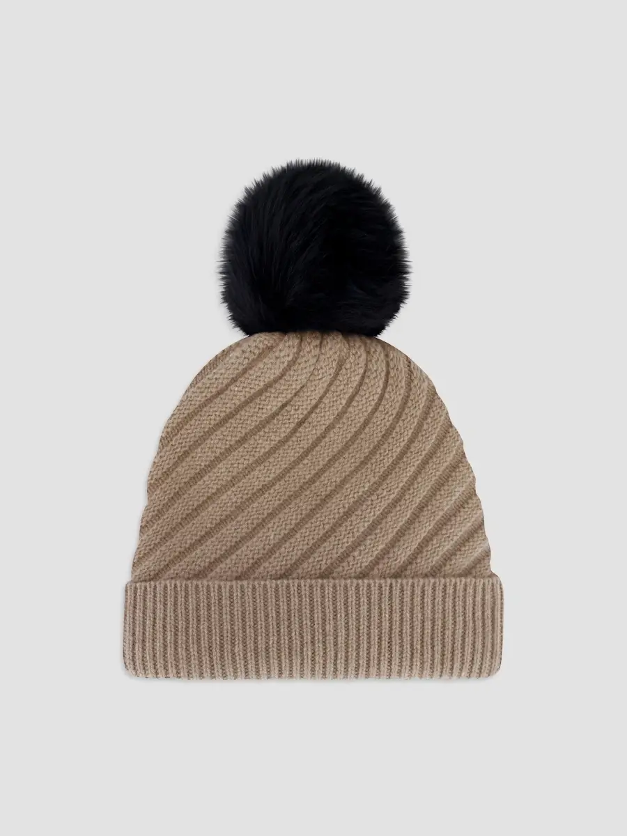 Gorski Women's Select Cashmere Cable Knit Beanie Hat with Merinillo Shearling Lamb Pompom | Thumbnail 2 Gorski Women's Select Cashmere Cable Knit Beanie Hat with Merinillo Shearling Lamb Pompom | Thumbnail 2