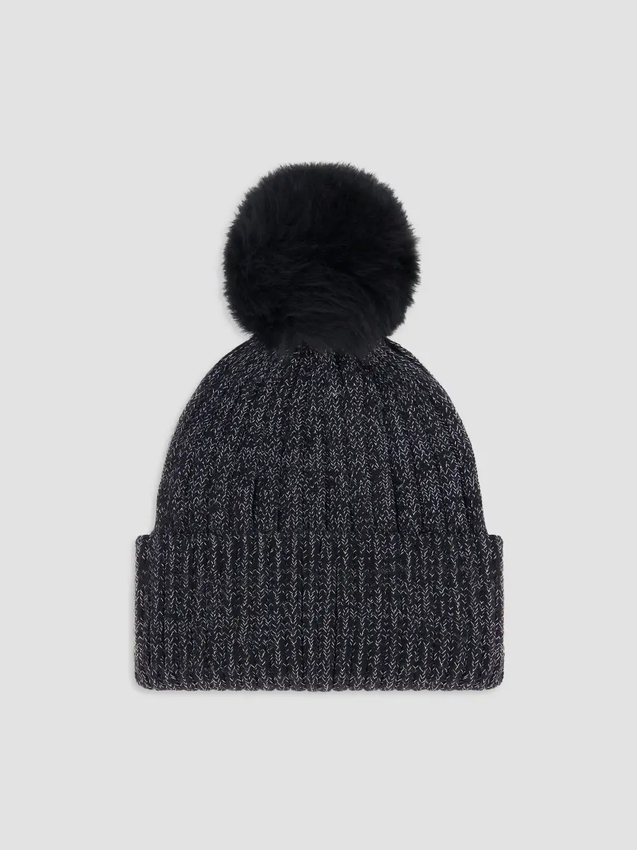 Gorski Women's Metallic Wool Blend Knit Beanie Hat with Merinillo Shearling Lamb Pompom | Thumbnail 2 Gorski Women's Metallic Wool Blend Knit Beanie Hat with Merinillo Shearling Lamb Pompom | Thumbnail 2