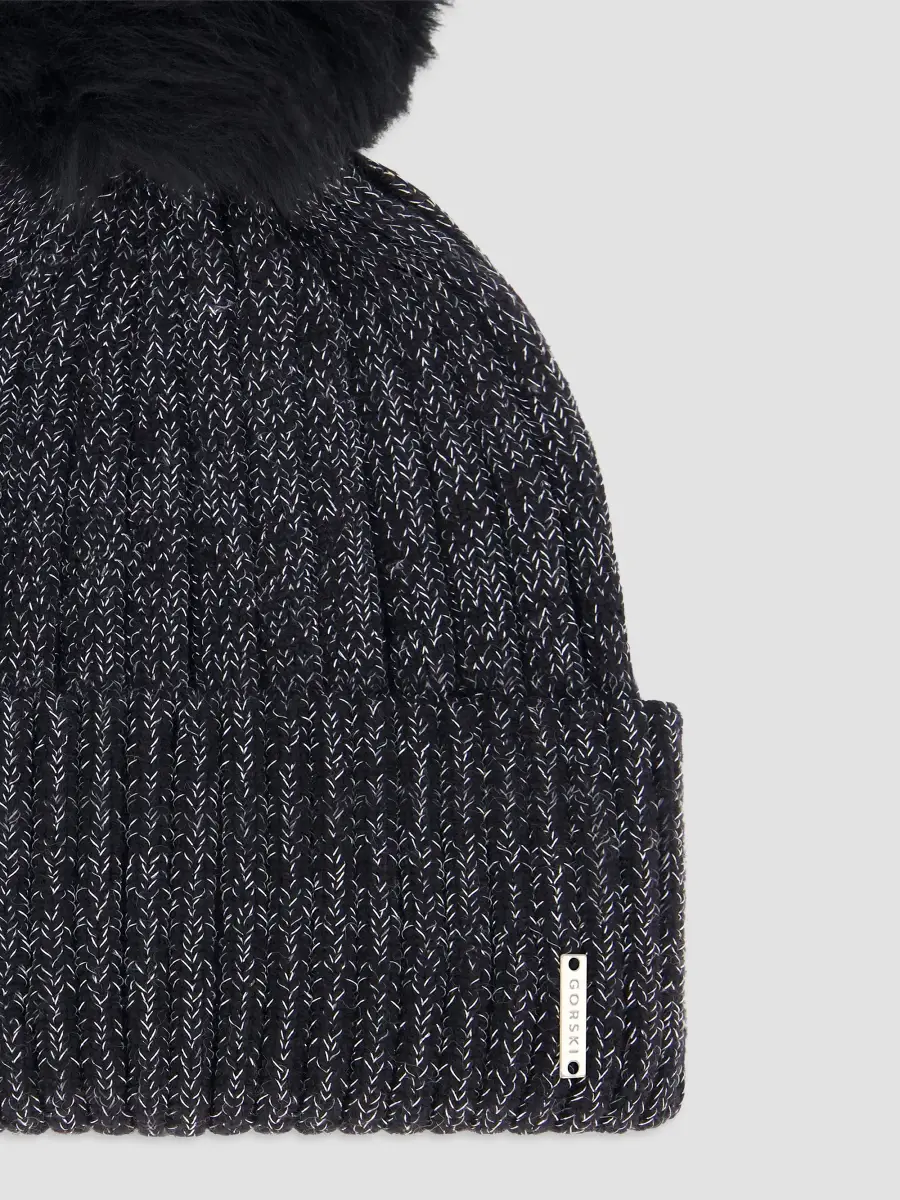 Gorski Women's Metallic Wool Blend Knit Beanie Hat with Merinillo Shearling Lamb Pompom | Thumbnail 3 Gorski Women's Metallic Wool Blend Knit Beanie Hat with Merinillo Shearling Lamb Pompom | Thumbnail 3