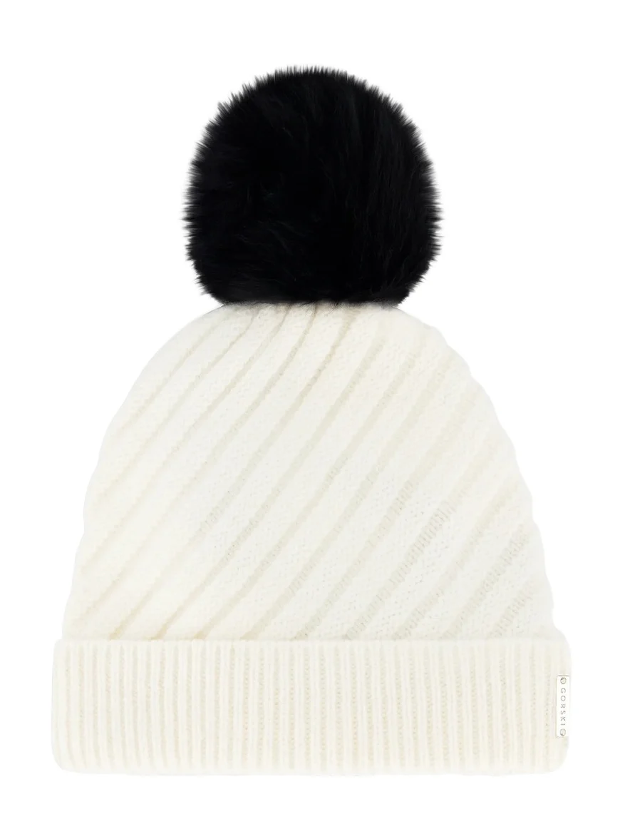 Gorski Women's Select Cashmere Cable Knit Beanie Hat with Merinillo Shearling Lamb Pompom