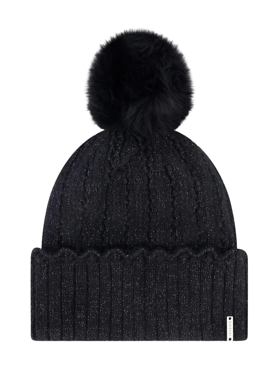 Gorski Women's Knit Beanie Hat with Merinillo Shearling Lamb Pompom