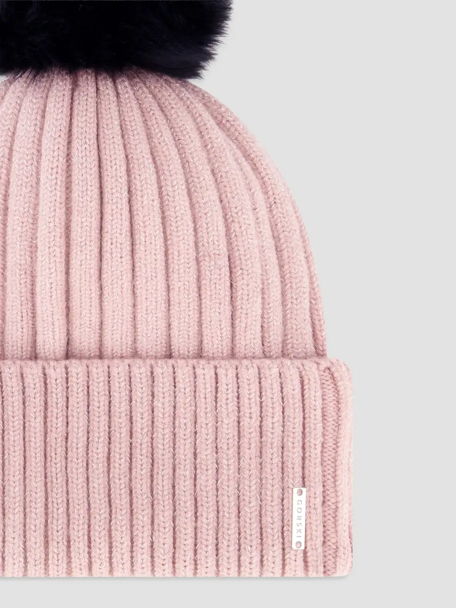 Gorski Women's Metallic Wool Blend Knit Beanie Hat with Merinillo Shearling Lamb Pompom | Thumbnail 3 Gorski Women's Metallic Wool Blend Knit Beanie Hat with Merinillo Shearling Lamb Pompom | Thumbnail 3