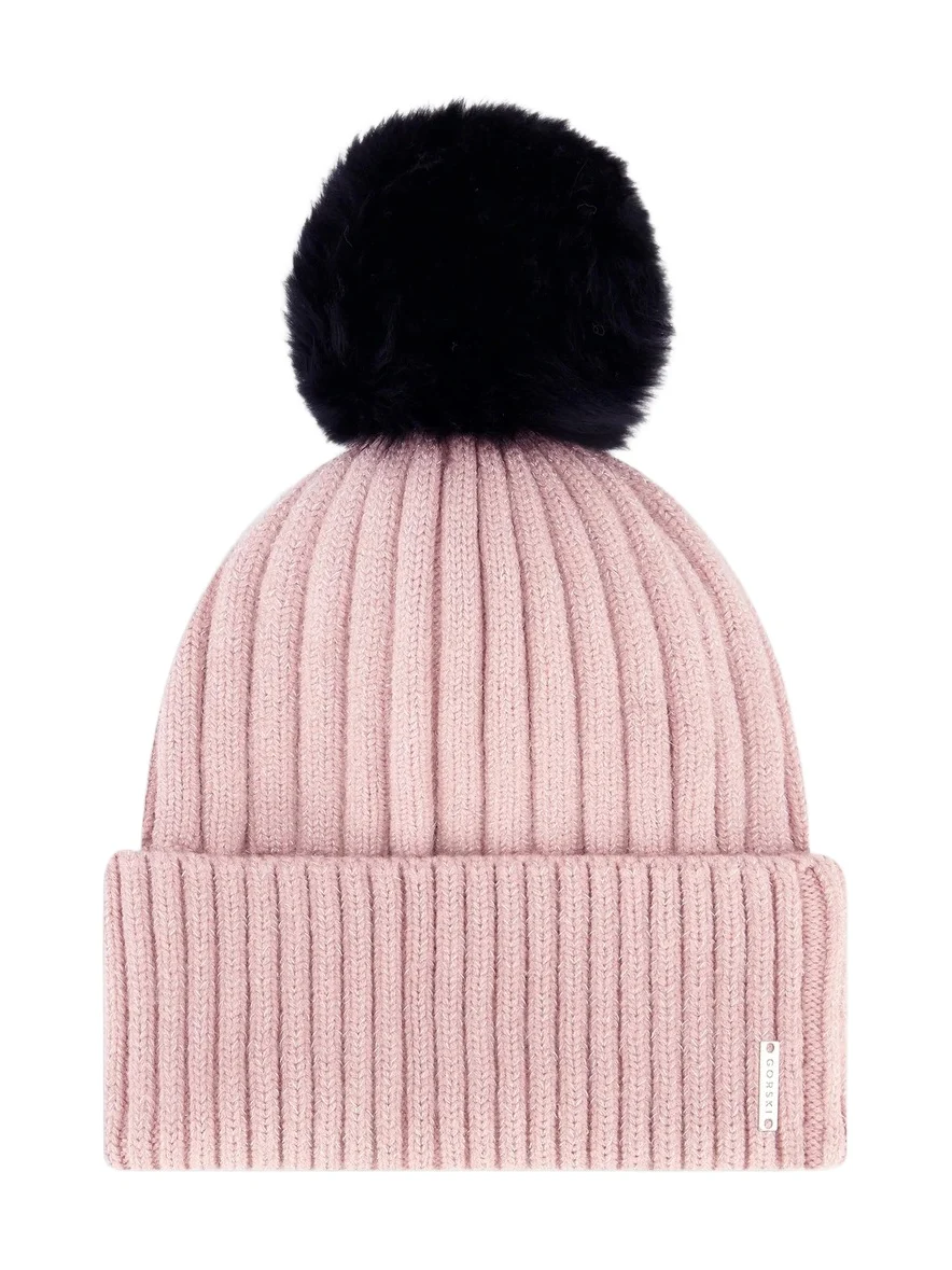 Gorski Women's Metallic Wool Blend Knit Beanie Hat with Merinillo Shearling Lamb Pompom