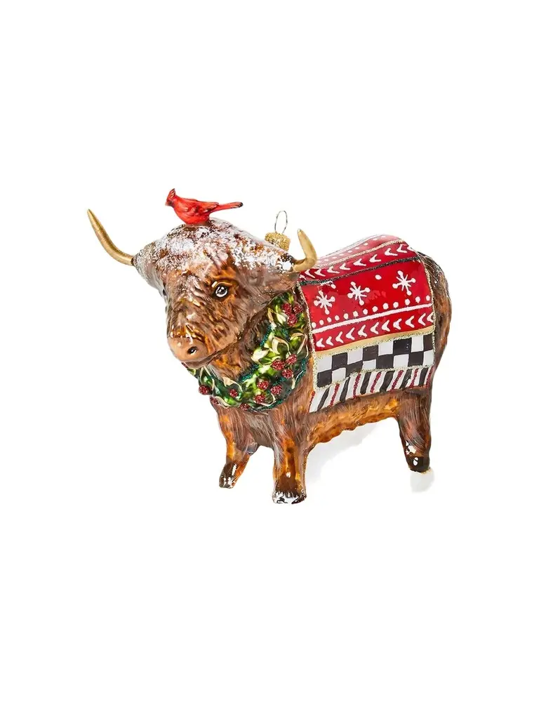 MacKenzie-Childs Cozy Christmas Highland Cow Glass Ornament