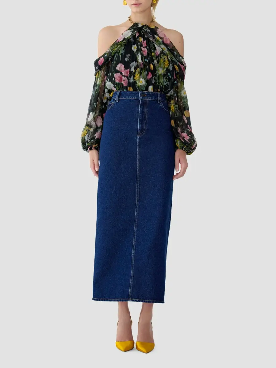 Carolina Herrera Women's Denim High-Rise Column Midi Skirt | Thumbnail 2 Carolina Herrera Women's Denim High-Rise Column Midi Skirt | Thumbnail 2