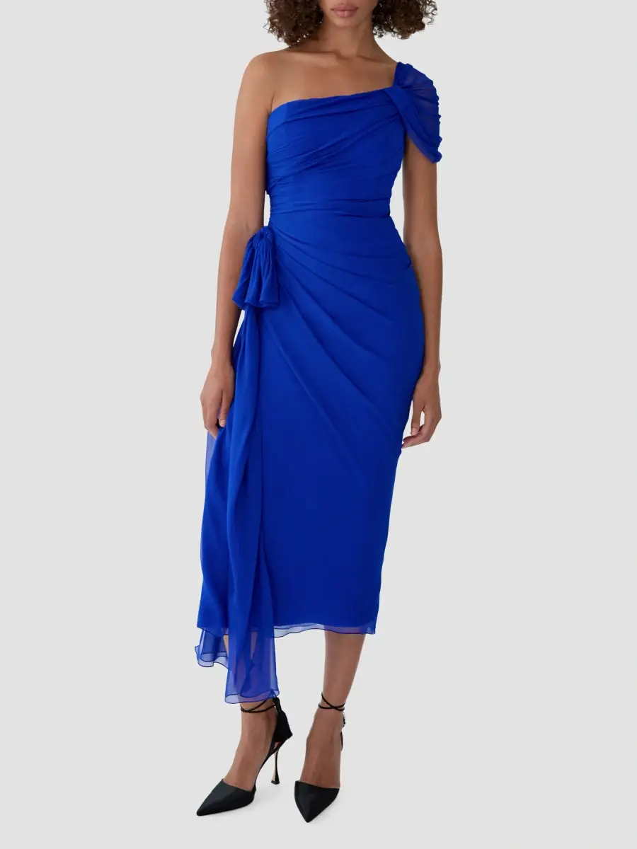 Carolina Herrera Women's Ruched One-Shoulder Silk Midi Dress | Thumbnail 4 Carolina Herrera Women's Ruched One-Shoulder Silk Midi Dress | Thumbnail 4