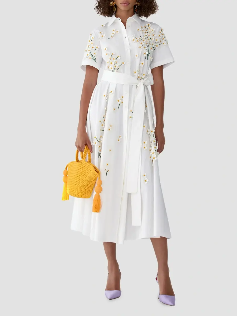 Carolina Herrera Women's Floral Appliqué Cotton-Blend Belted Midi Shirtdress | Thumbnail 2 Carolina Herrera Women's Floral Appliqué Cotton-Blend Belted Midi Shirtdress | Thumbnail 2