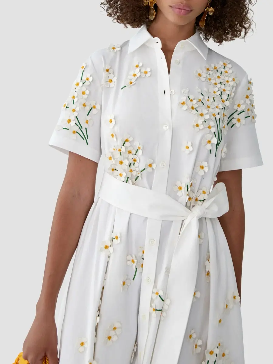 Carolina Herrera Women's Floral Appliqué Cotton-Blend Belted Midi Shirtdress | Thumbnail 4 Carolina Herrera Women's Floral Appliqué Cotton-Blend Belted Midi Shirtdress | Thumbnail 4