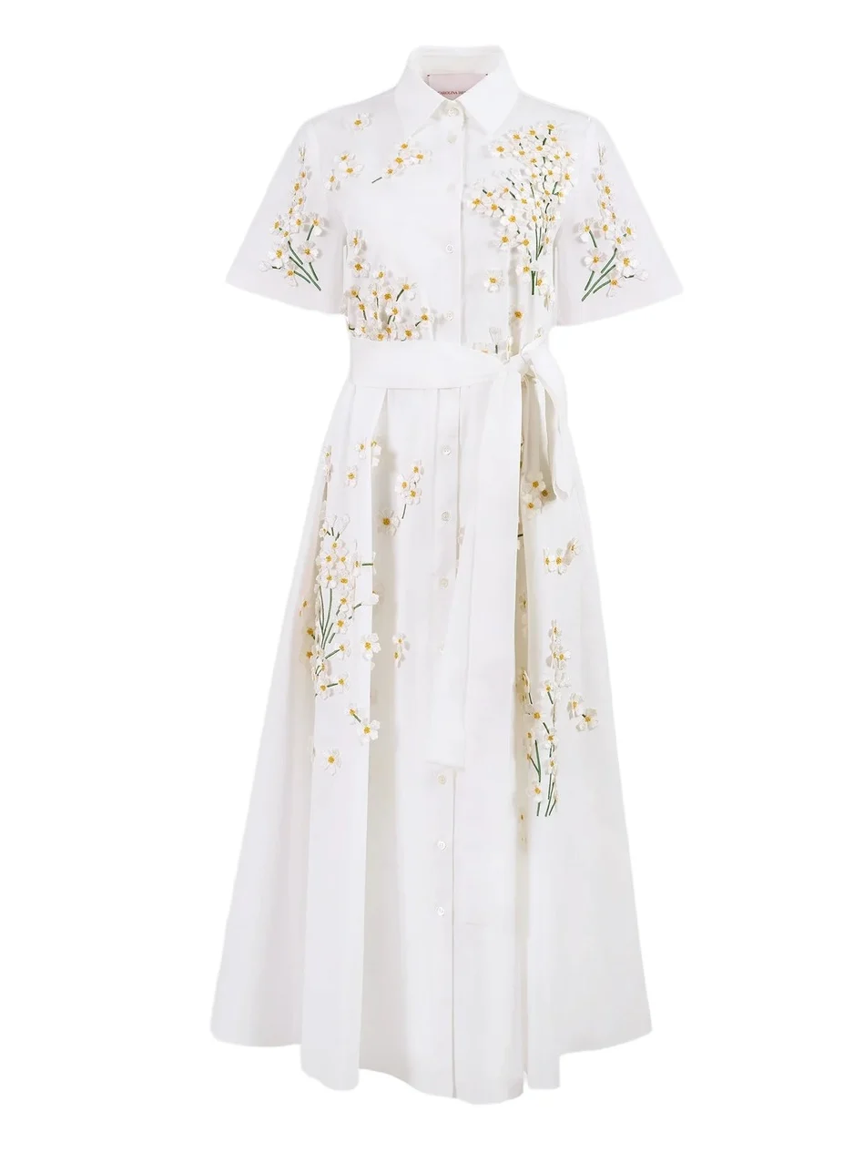 Carolina Herrera Women's Floral Appliqué Cotton-Blend Belted Midi Shirtdress