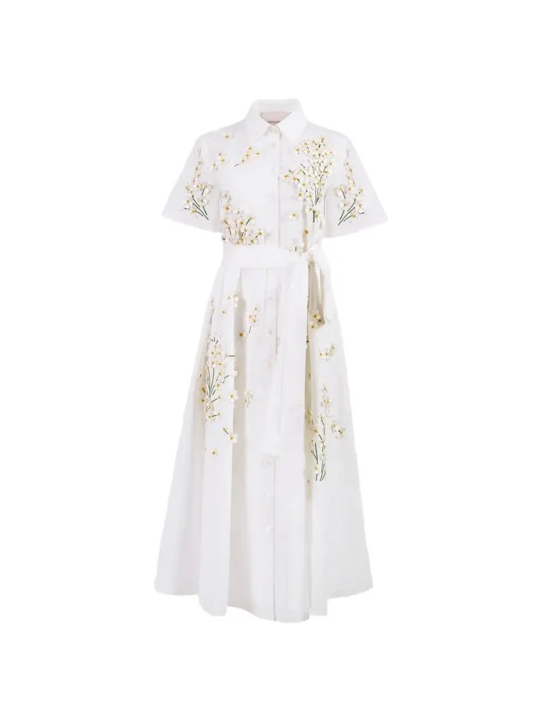 Carolina Herrera Women's Floral Appliqué Cotton-Blend Belted Midi Shirtdress