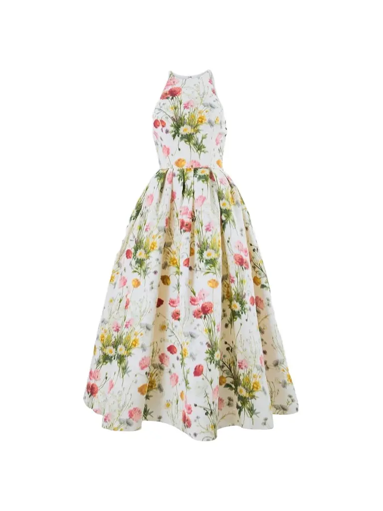 Women's Floral Silk Fit & Flare Halterneck Midi Dress