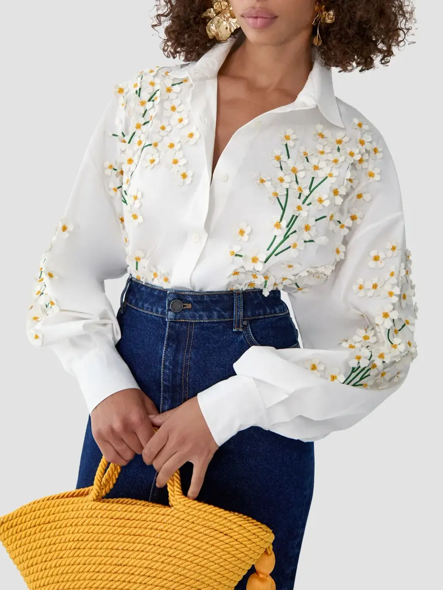 Carolina Herrera Women's Floral-Appliqué Cotton-Blend Oversized Shirt | Thumbnail 5 Carolina Herrera Women's Floral-Appliqué Cotton-Blend Oversized Shirt | Thumbnail 5