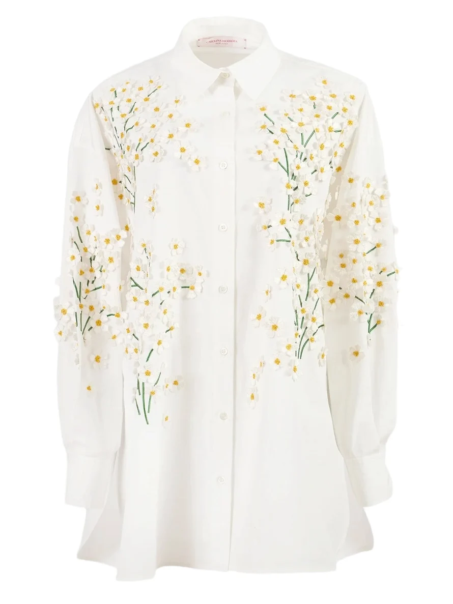 Carolina Herrera Women's Floral-Appliqué Cotton-Blend Oversized Shirt
