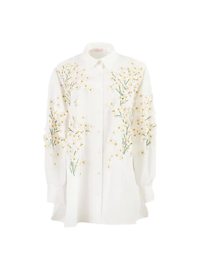 Women's Floral-Appliqué Cotton-Blend Oversized Shirt