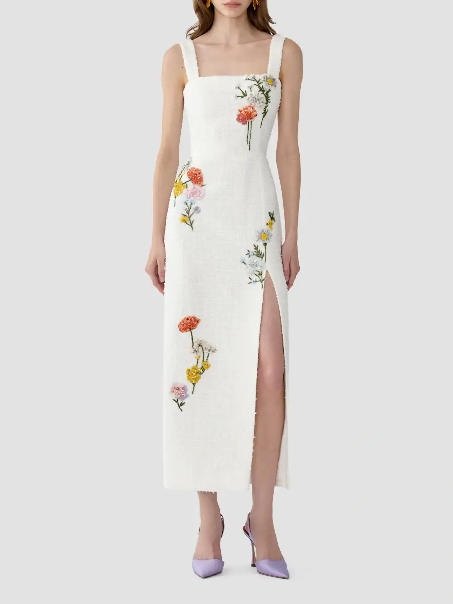 Carolina Herrera Women's Floral-Embellished Boucle Square-Neck Midi Dress | Thumbnail 2