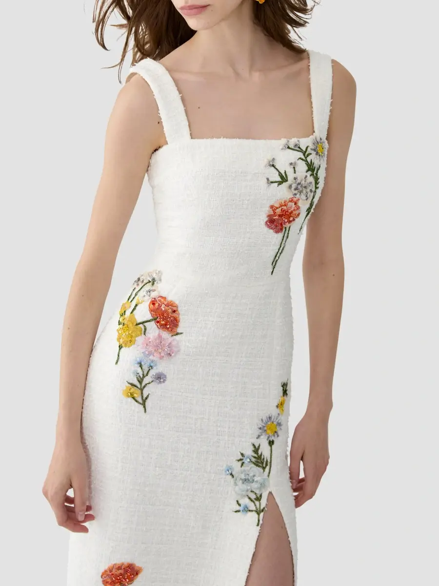 Carolina Herrera Women's Floral-Embellished Boucle Square-Neck Midi Dress | Thumbnail 4