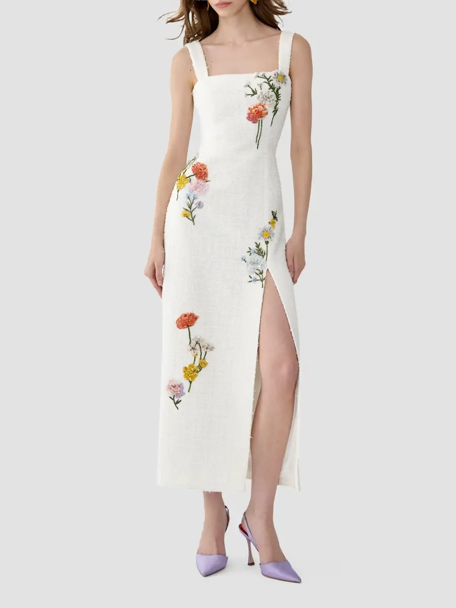 Carolina Herrera Women's Floral-Embellished Boucle Square-Neck Midi Dress | Thumbnail 5