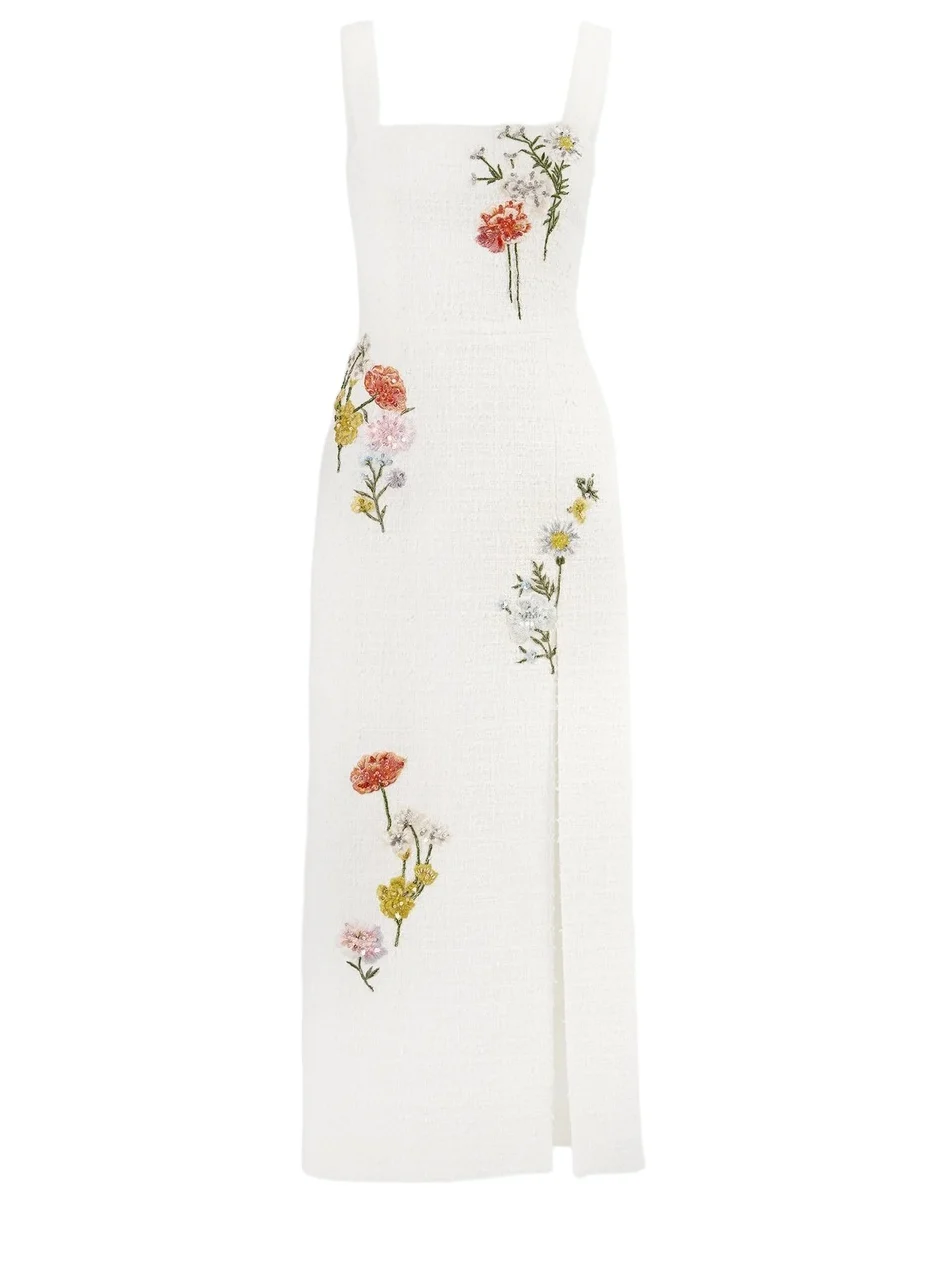 Women's Floral-Embellished Boucle Square-Neck Midi Dress Women's Floral-Embellished Boucle Square-Neck Midi Dress