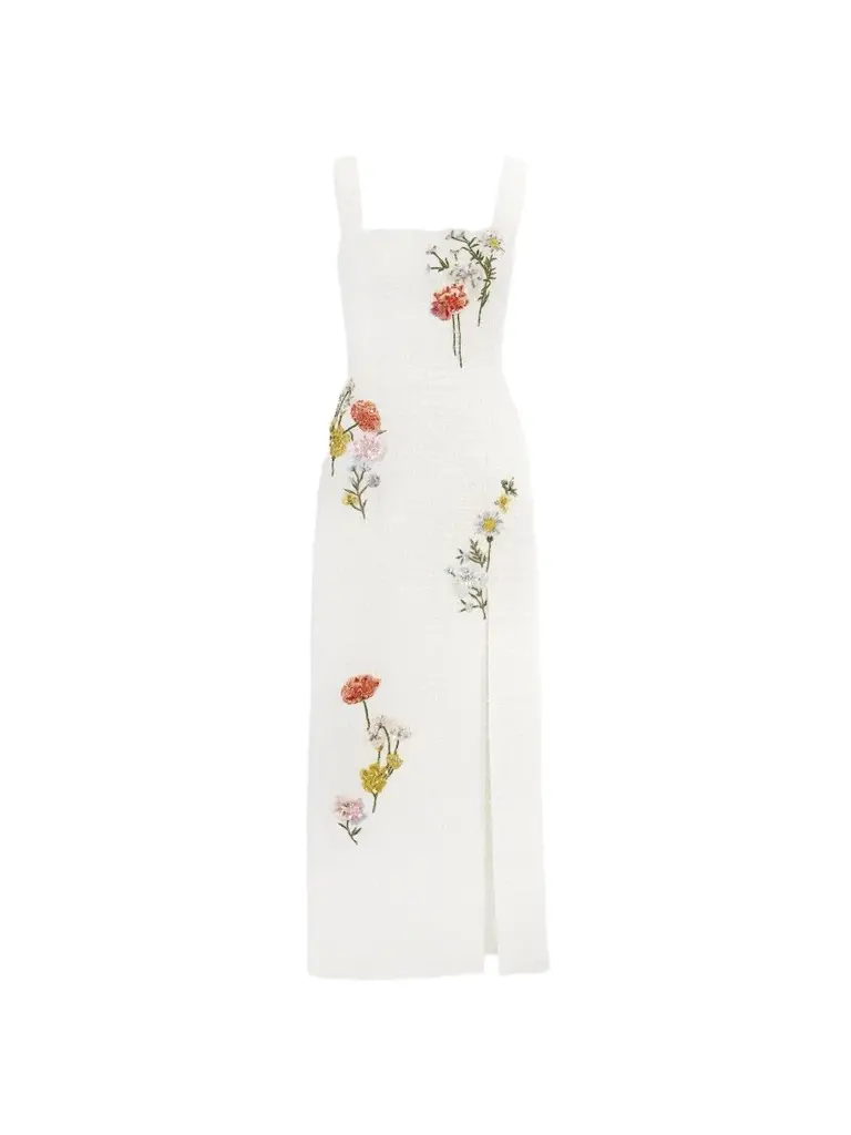 Women's Floral-Embellished Boucle Square-Neck Midi Dress Women's Floral-Embellished Boucle Square-Neck Midi Dress