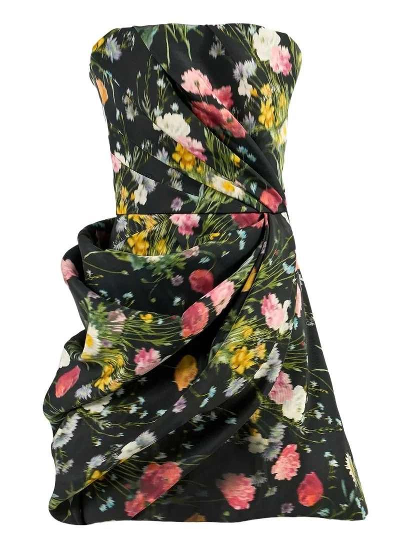 Women's Floral Silk Draped Strapless Mini Dress
