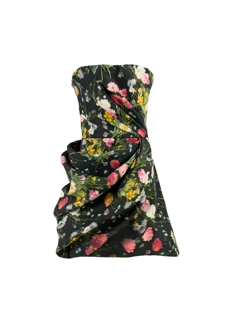 Women's Floral Silk Draped Strapless Mini Dress Women's Floral Silk Draped Strapless Mini Dress