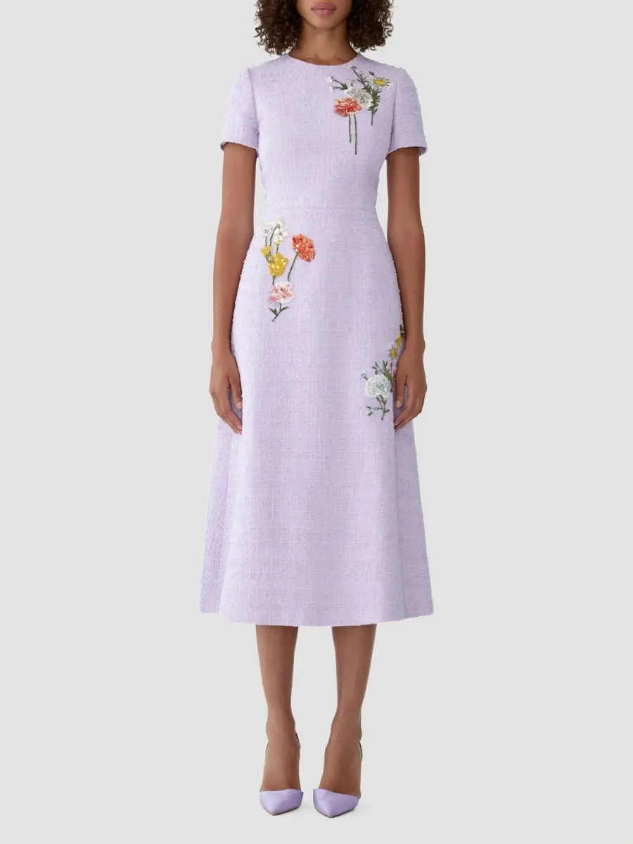 Carolina Herrera Women's Floral-Embroidered Tweed Midi Dress | Thumbnail 2 Carolina Herrera Women's Floral-Embroidered Tweed Midi Dress | Thumbnail 2