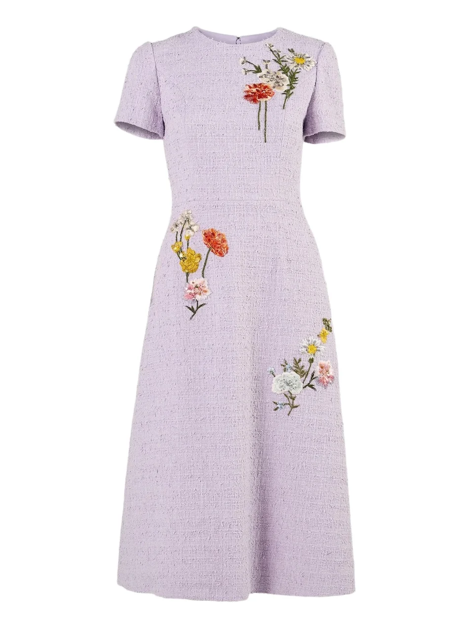Carolina Herrera Women's Floral-Embroidered Tweed Midi Dress