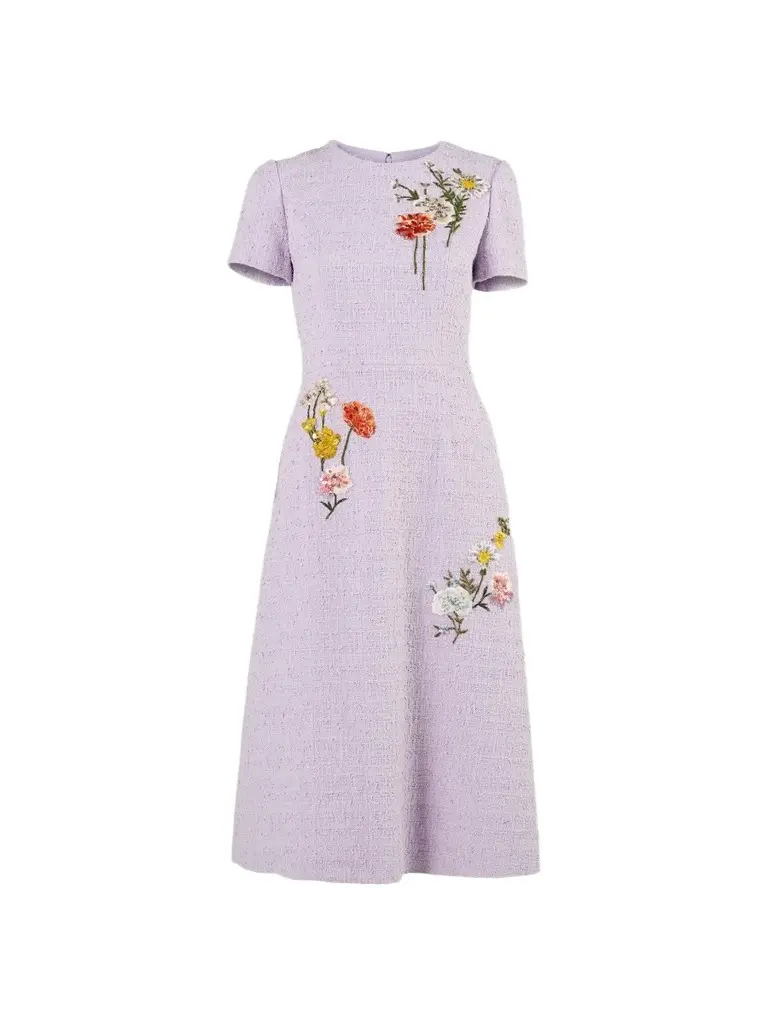 Women's Floral-Embroidered Tweed Midi Dress