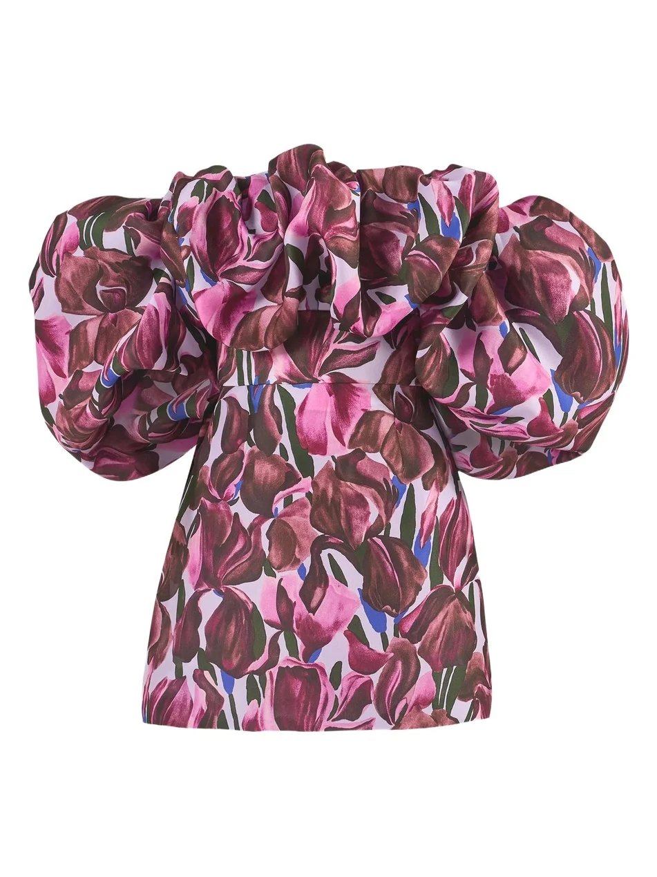 Women's Floral Silk Ruffled Off-The-Shoulder Mini Dress