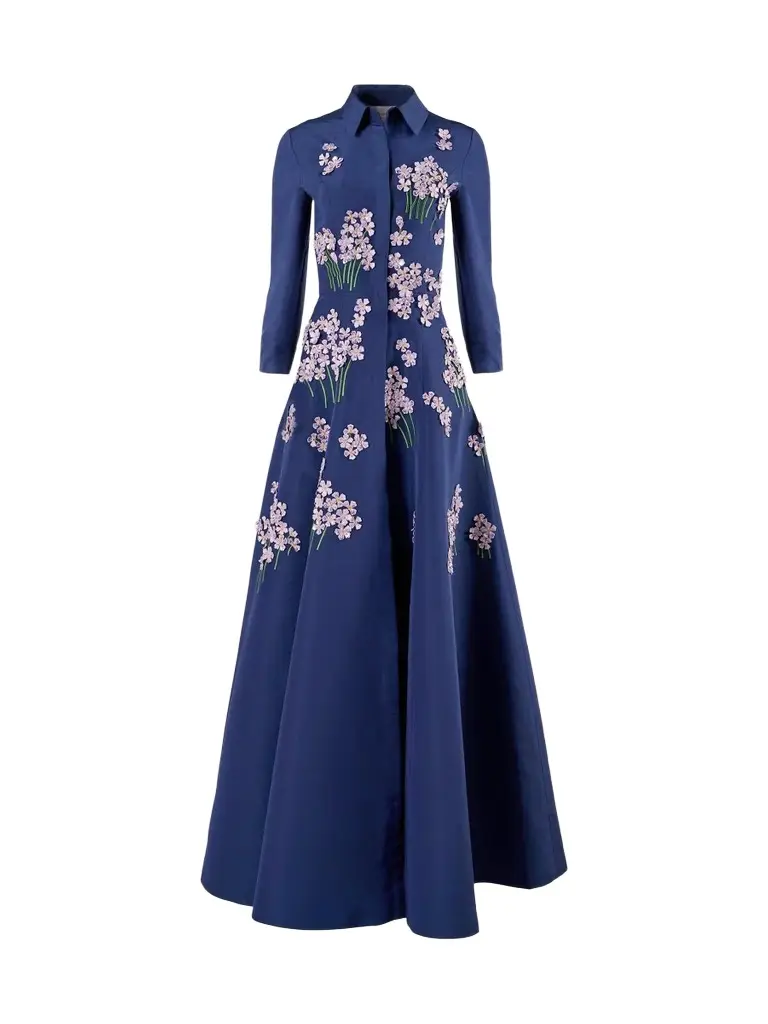 Carolina Herrera Women's Floral Appliqué Silk Self-Belt Gown