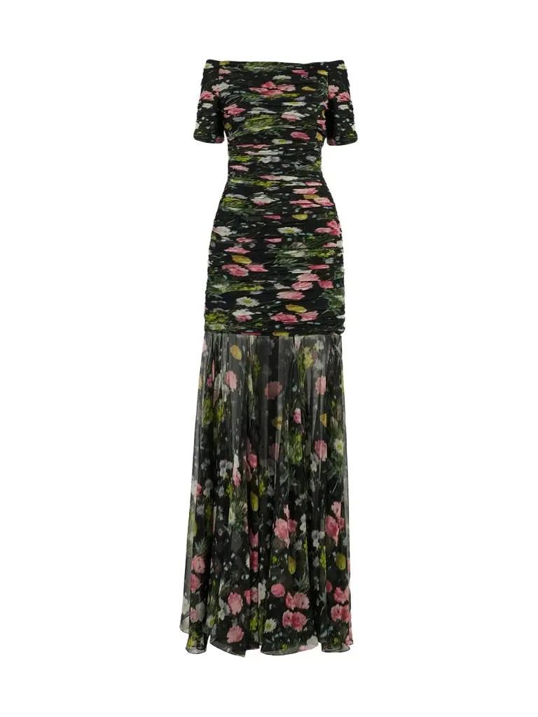 Women's Floral Silk Ruched Off-Shoulder Gown Women's Floral Silk Ruched Off-Shoulder Gown
