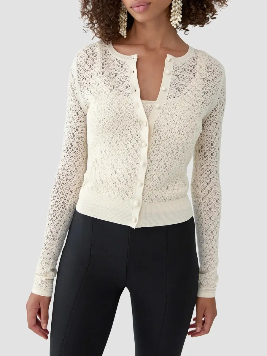 Carolina Herrera Women's Pointelle-Knit Crewneck Cardigan | Thumbnail 4