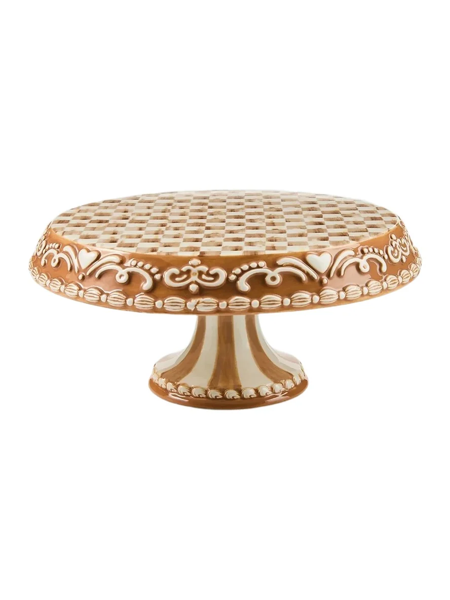 MacKenzie-Childs Mocha Check Gingerbread Small Pedestal Platter