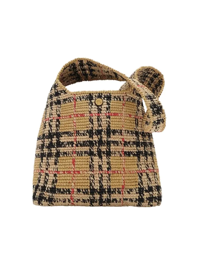 Burberry Women's Margate Small Checked Raffia & Leather Shoulder Bag