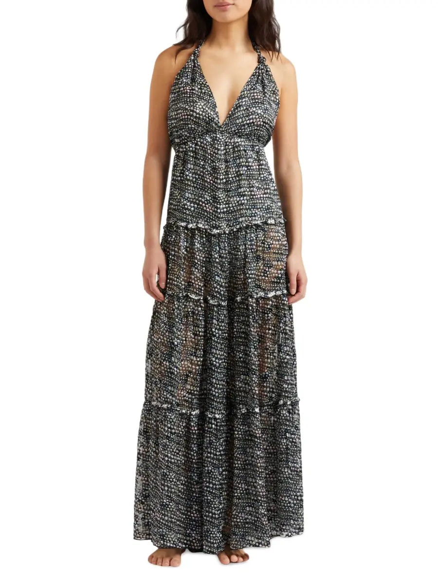 Vilebrequin Women's Pearl Metallic Silk-Blend Halterneck Maxi Dress | Thumbnail 3