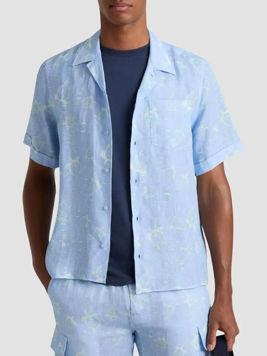 Vilebrequin Men's Bubble Turtle 3D Print Linen Short-Sleeve Shirt | Thumbnail 3 Vilebrequin Men's Bubble Turtle 3D Print Linen Short-Sleeve Shirt | Thumbnail 3