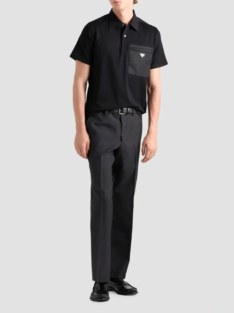 Prada Men's Stretch Cotton Polo Shirt with Re-Nylon Details - Black | Thumbnail 2 Prada Men's Stretch Cotton Polo Shirt with Re-Nylon Details - Black | Thumbnail 2