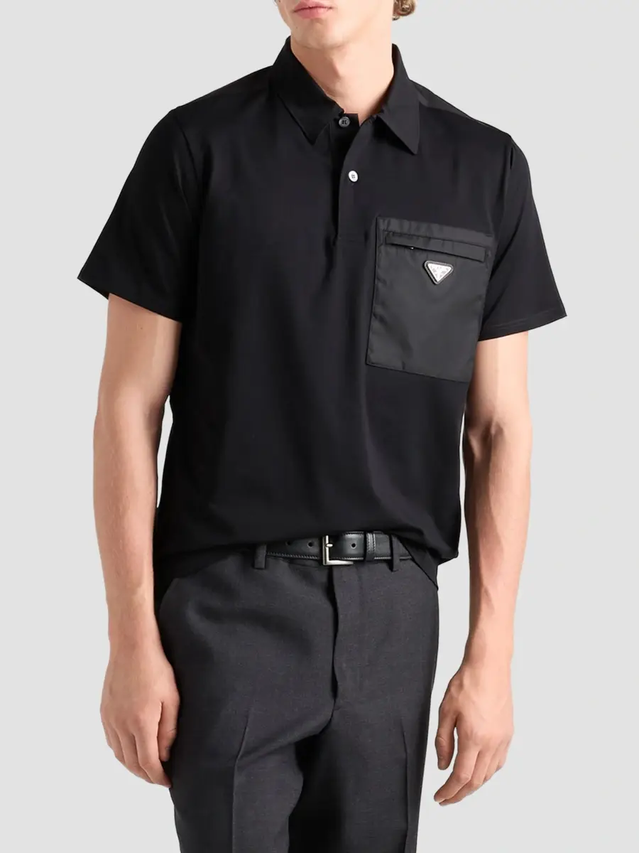 Prada Men's Stretch Cotton Polo Shirt with Re-Nylon Details - Black | Thumbnail 3 Prada Men's Stretch Cotton Polo Shirt with Re-Nylon Details - Black | Thumbnail 3