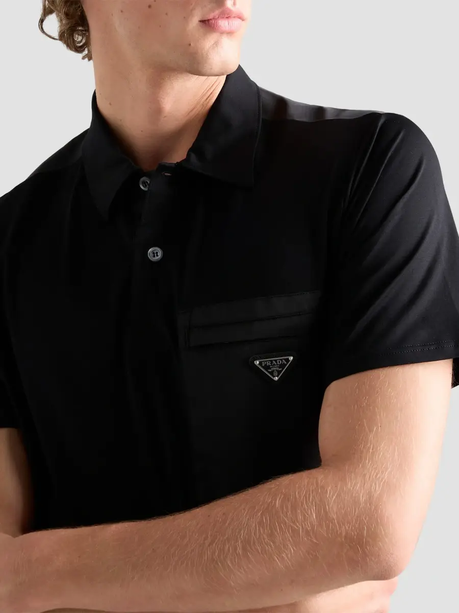 Prada Men's Stretch Cotton Polo Shirt with Re-Nylon Details - Black | Thumbnail 5 Prada Men's Stretch Cotton Polo Shirt with Re-Nylon Details - Black | Thumbnail 5